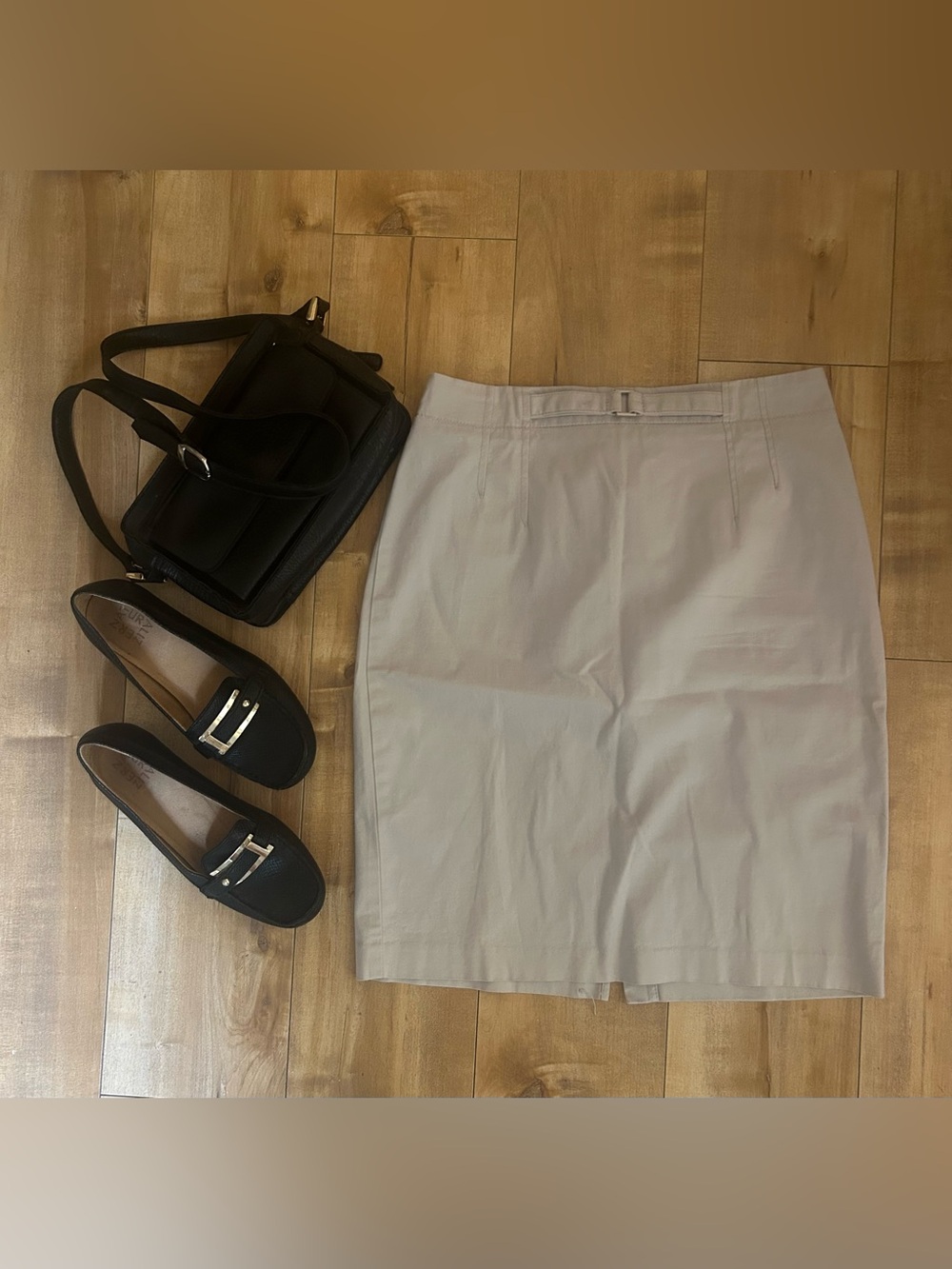 JACOB Classic Beige/Tan Pencil Skirt with Front Belt Detail - Size 6